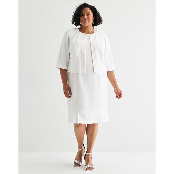 White Pearl Trim Jacket & Dress Size 18 2X Wedding Mother of Bride Groom Plus Sz - Picture 1 of 13